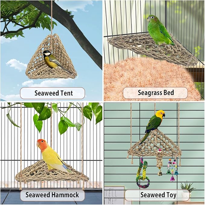 BNOSDM Bird Seagrass Mat, 3 PCS 7.1 x 7.1 Inches Parrot Natural Seagrass Woven Bird Net Hammock Mats Chew Toys Bird Hideout Cage Accessories for Lovebird Cockatiel Conure Budgie Hamster Rats-PawvioPets