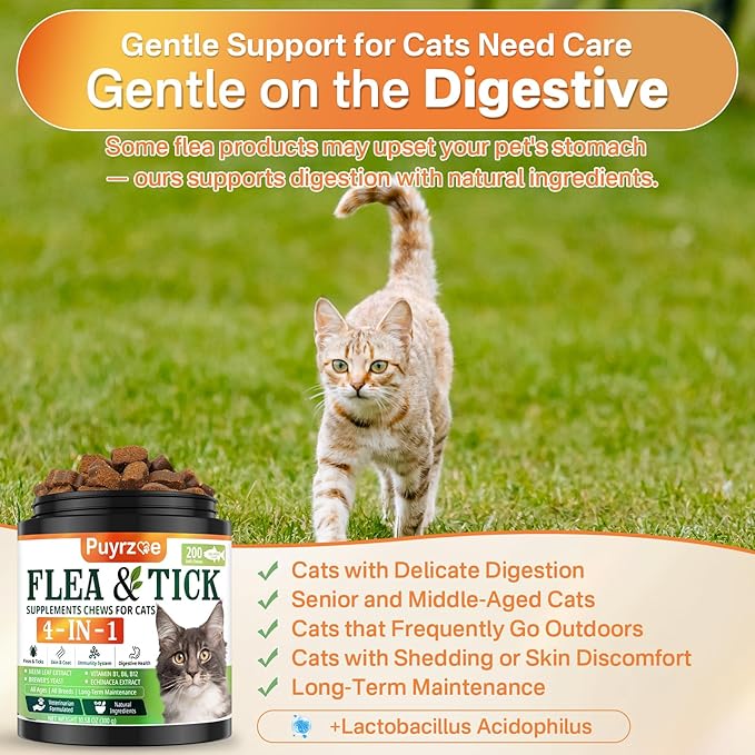 4-in-1 Flea Treatment for Cats Chewable, Natural Cat Flea and Tick Prevention Chewable Supplement for Skin & Coat | Immunity Support | Digestive | Flea & Tick Treatment for All Breeds & Sizes-PawvioPets