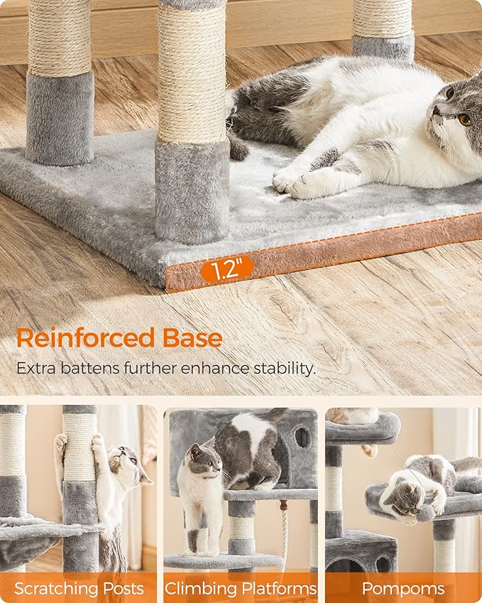 FEANDREA Cat Tree, Cat Tower for Indoor Cats, 56.3-Inch Cat Condo with Scratching Posts, Hammock, Plush Perch, Light Gray UPCT15W-PawvioPets