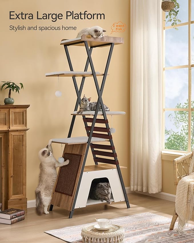 FourFurPets 72.4" Cat Tree, Modern Cat Tower for Indoor Cats, Multi-Level Cat Condo with Caves, Tall Cat Tree with Cat Scratching Board, Wooden Cat Tower with Large Perch, Removable Pads, Camel Brown-PawvioPets