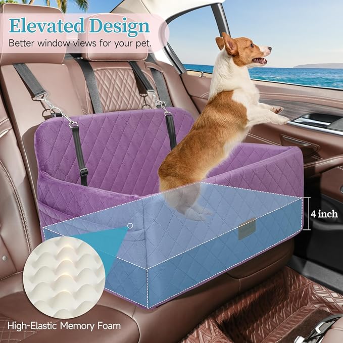 Dog Car Seat for Medium/Large Dogs, Pet Booster Seat for Under 55 lbs or 2 Small Dogs, Detachable & Washable Dog Car Bed for Backseat with 2 Safety Leashes (Purple)-PawvioPets