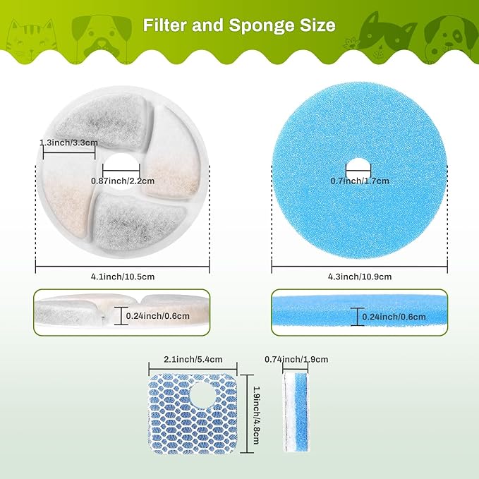 5 Set Cat Water Fountain Filter Replacement for Square 2.2L/73oz Stainless Steel Cat Fountain, ZEKIRY Pet Fountain Filter, Triple Filtration Replacement Filters(5 Filter, 5 Sponge, 5 8D Sponge)-PawvioPets