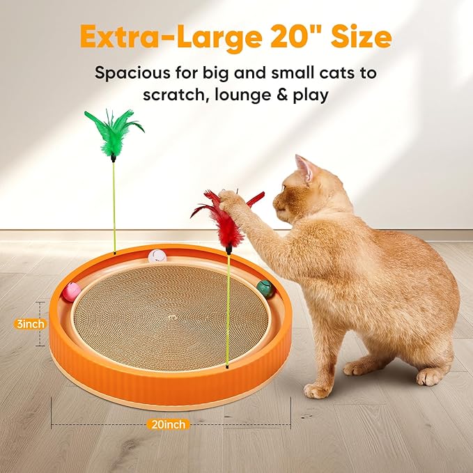20-Inch Round Cat Scratcher with Ball Track – 3-in-1 Cardboard Cat Scratching Pad with Feather Toys, Non-Slip Base – Interactive Cat Toy for Indoor Cats, Kitten Scratch Play Lounge Board (Orange)-PawvioPets