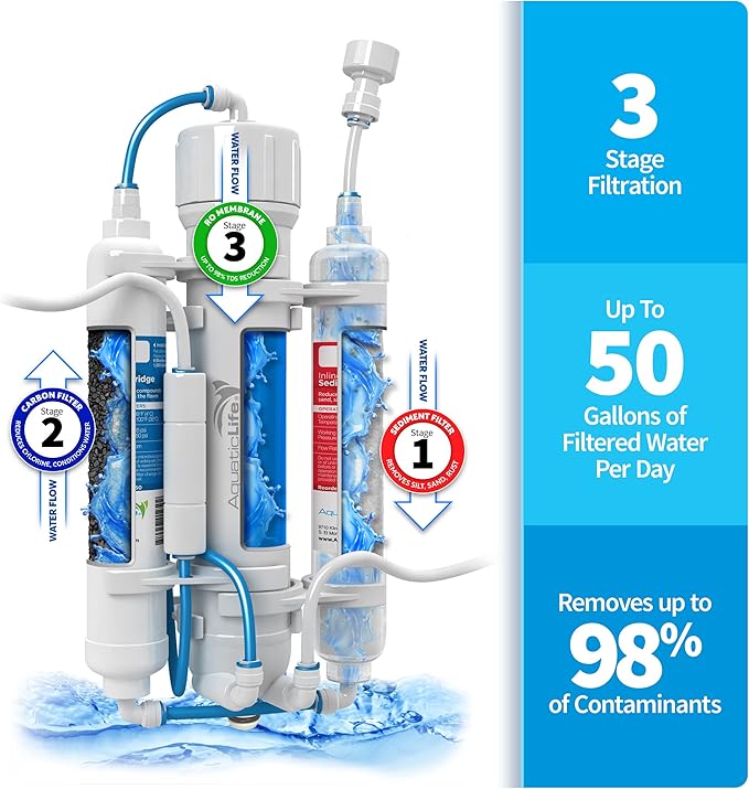 Aquatic Life RO Buddie 3-Stage Reverse Osmosis Water Filter System RO Filtration Units for Aquarium, 50 GPD-PawvioPets
