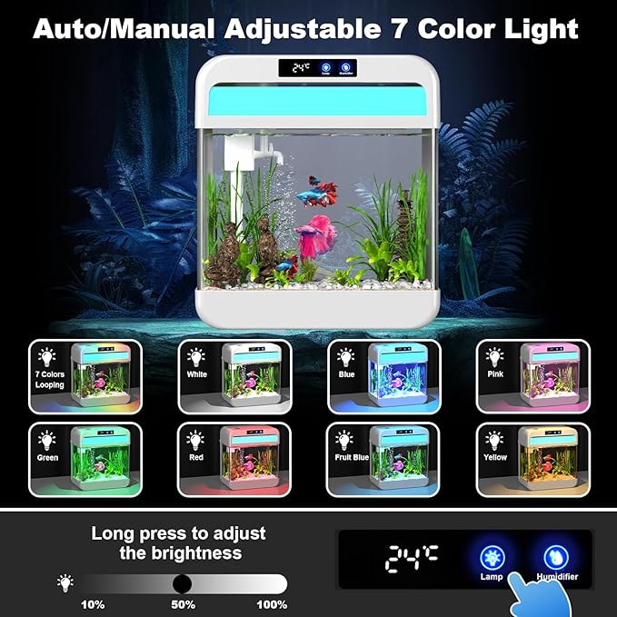 Fish Tank Aquarium 2.2 Gallon with 7 Color Auto-Looping Light, Fish Bowl with Humidifier 3 in 1 Pump - Filteration & Oxygenation & Circulation, Temperature Display, HD Float Glass, Thickened Base-PawvioPets