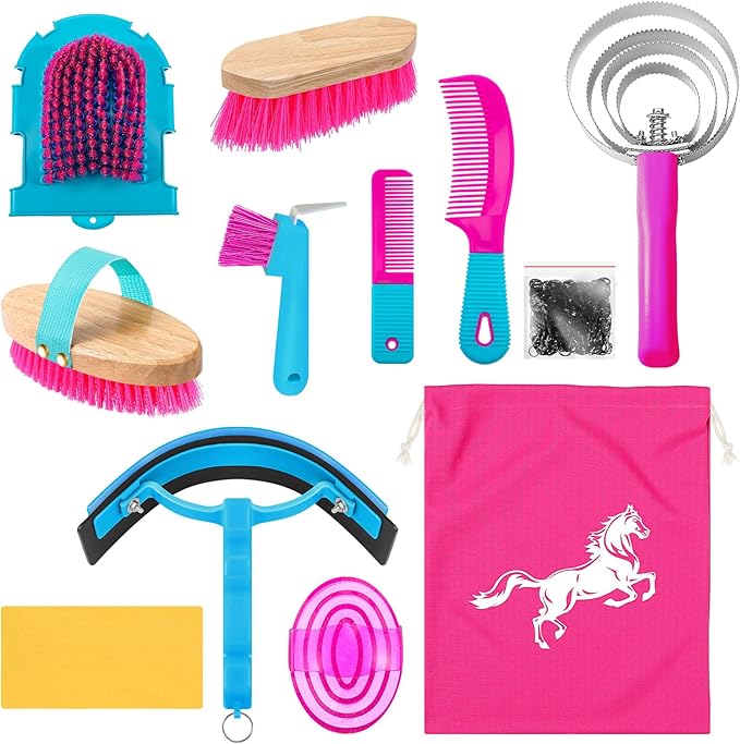 Abbylike 12 Pieces Horse Grooming Kit Racing Festival Tack Room Supplies Horse Brush Sets Equine Care Cleaning Kit Shedding Grooming Massaging Tools(Rose Red)-PawvioPets