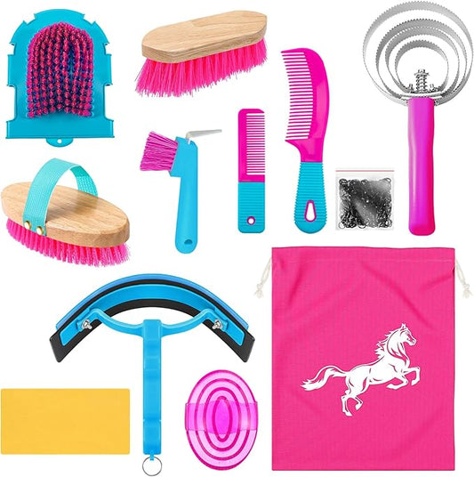 Abbylike 12 Pieces Horse Grooming Kit Racing Festival Tack Room Supplies Horse Brush Sets Equine Care Cleaning Kit Shedding Grooming Massaging Tools(Rose Red)-PawvioPets