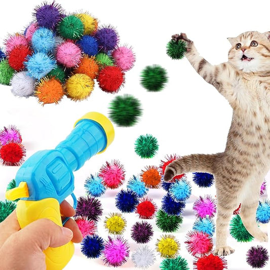 Dorhui Cat Toy Gun Launcher - 30 Pcs Sparkle Pom Pom Balls and Ball Launcher, Fetch Toy Gun Shooter, Interactive Glitter Balls for Indoor Cats and Kitty Gifts-PawvioPets