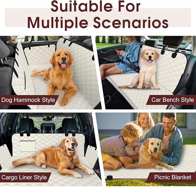 Dog Car Seat Cover, Durable Waterproof Scratch Proof Nonslip Dog Hammock, Pet Back Seat Covers with Pocket for Cars SUVs and Trucks - L, Beige/Black-PawvioPets