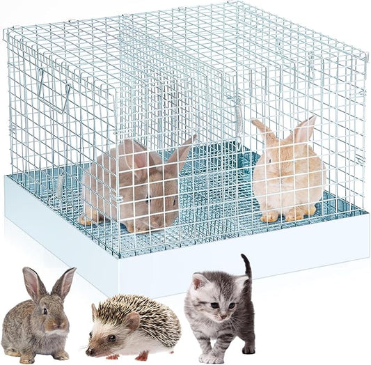 Folding Rabbit Cage, 18 x 18 x 14 in Portable Bunny Carrier with Tray and Handles for Transport, Trave or Temporary Housing, Indoor Outdoor Pet Habitat Animal Enclosure-PawvioPets