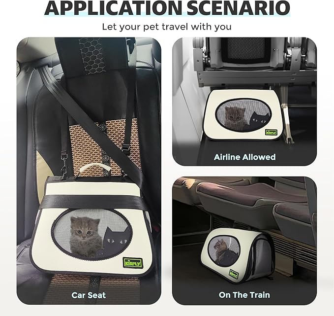 Cat Carrier Purses for Women, Airline Approved Pet Travel Bag for Cats, Kittens, Rabbits up to 10 lbs - Collapsible, Soft-Sided,16x10x10 in, Breathable Mesh with Kitty Pattern, Collar and Leash, Cream-PawvioPets