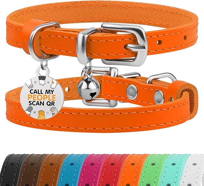 BRONZEDOG Leather Cat Collar with Removable Bells Non Breakaway Kitten QR Tag for Girl Boy (7" - 9" for Cats, Orange & Silver)-PawvioPets