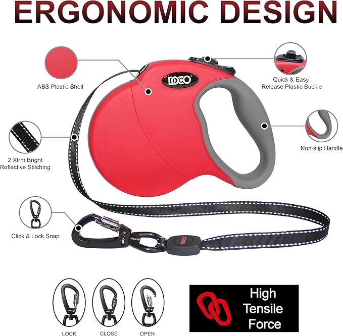 DOCO Retractable Dog Leash for Large Dogs (Length - 16’, Weight - Upto 45lb) Reflective Tape Lead with Stop and Lock Control, Tangle Free 360° Swivel Snap & Anti-Slip Grip (Red, Medium)-PawvioPets