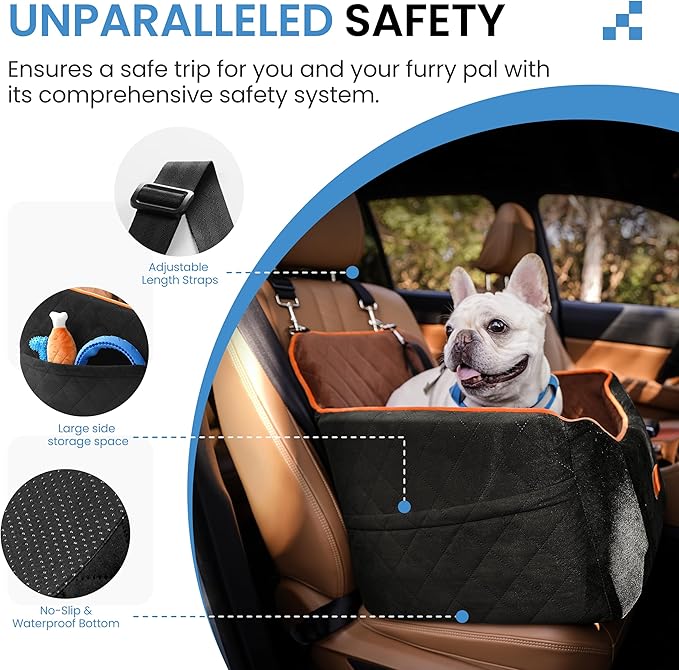 Dog Car Seat for Small Dogs - Puppy Car Seat with Safety Strap & Waterproof Padding, Portable Pet Carrier for Cars, Trucks & SUVs, Comfortable Elevated Bed for Pets Up to 35lbs (Black/Coffee)-PawvioPets