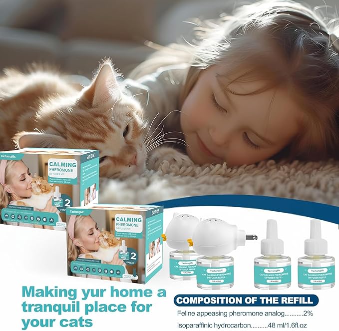 Cat Calming Diffuser, Cat Pheromones Calming Diffuser, Effectively Relieve Anxiety Stress Cat Diffuser Calming Multicat with 2 Diffuser + 4 Refill 48ml Last 120 Days Fits All Cats-PawvioPets