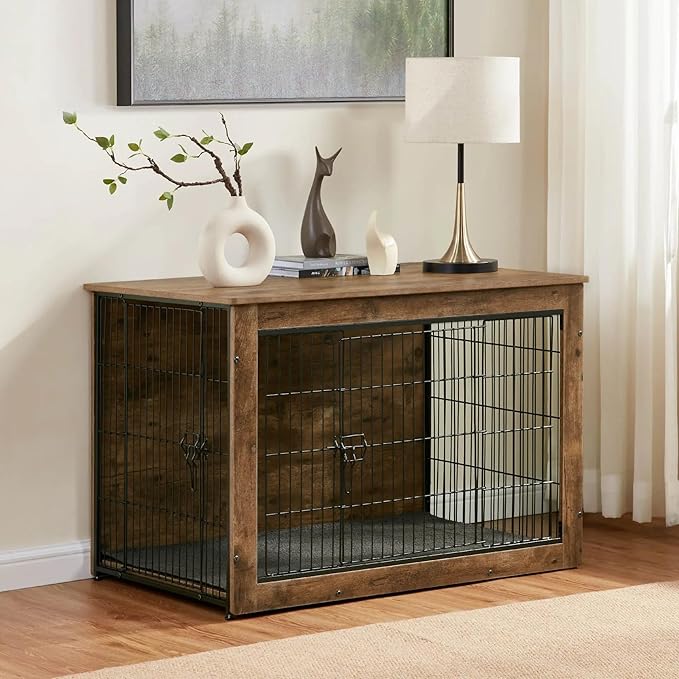 Dog Kennel Furniture, Wooden Dog Crate End Table, Heavy Duty Dog Crate, Decorative Pet Crate Dog Cage for Large Indoor Use (Rustic Brown) 27" L×20" W×23" H-PawvioPets