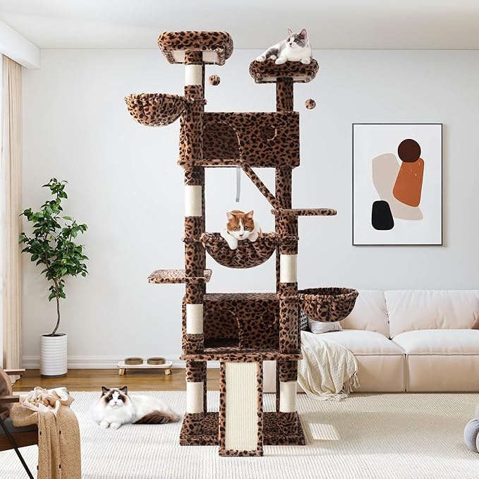 Allewie 81 Inches Tall Cat Tree/Multi-Level Large Climbing Tree House and Towers for Big Feline/Condo and Hammock/Scratching Post/Wide Base/Leopard Print-PawvioPets