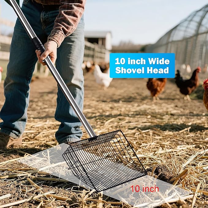 10inch Large Metal Chicken Poop Scooper,32 to 67" Adjustable Long Chicken Coop Litter Scoop,Heavy Duty Sifting Shovel for Chicken Coop & Pet Waste Cleaning-PawvioPets
