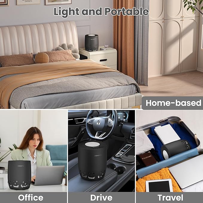 Air Purifiers for Home Bedroom up to 1076ft², True HEPA Air Filters Dust Pets Smoke Hair, 3 Fan Speeds Quiet, Timer Settings, Rechargeable Air Cleaner Office, Bedroom, Pets, Car(Black)-PawvioPets