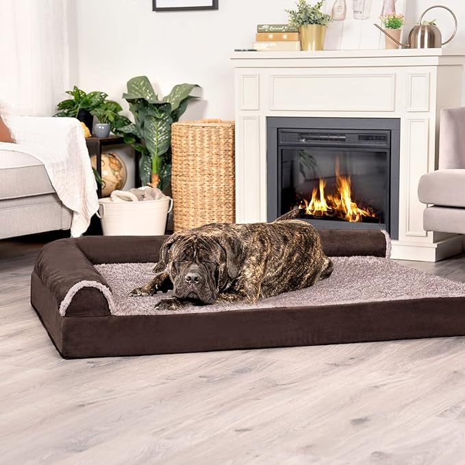 Furhaven Cooling Gel Dog Bed for Large Dogs w/ Removable Bolsters & Washable Cover, For Dogs Up to 125 lbs - Two-Tone Plush Faux Fur & Suede L Shaped Chaise - Espresso, Jumbo Plus/XXL-PawvioPets