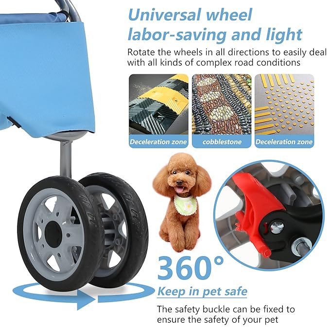 Dog Stroller,3 Wheels Travel Folding Pet Stroller for Small Medium Dog Cat Jogger Stroller with Storage Basket Removable Liner Blue-PawvioPets