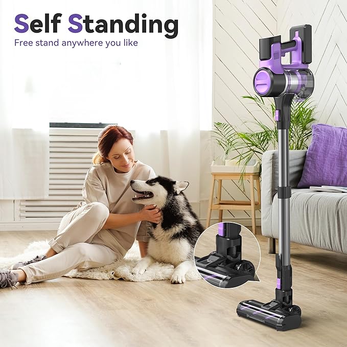 DEVOAC S10 Cordless Vacuum Cleaner, 45Kpa 50mins Lightweight Stick Vacuum with Powerful Suction for Home, Rechargeable, Self-Standing, Handheld Vacuum Cleaners for Hardwood Floors, Carpets Violet-PawvioPets