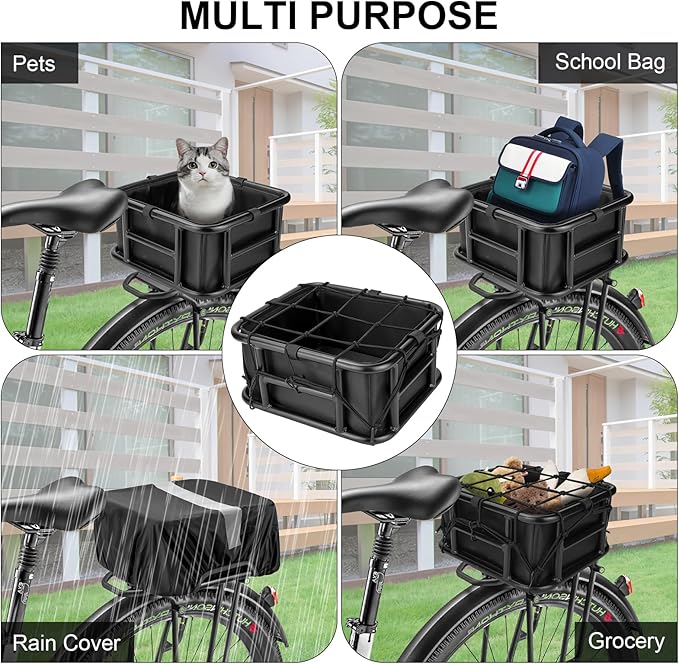 Bike Basket Rear with Liner,Waterproof Cover,Cargo Net Large Rear Bike Basket,Heavy Duty Bicycle Rear Basket for Electric Bike, Ebike,Great for Bike Trip,Carrying Grocery,Ball,Dog-PawvioPets