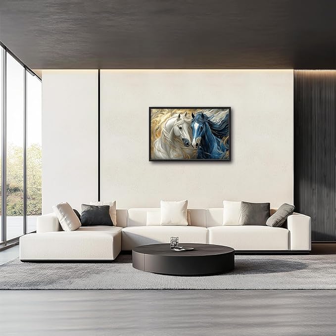 Framed Large Horse Wall Art for Living Room, Oversized Abstract Horses Wall Decor Blue and Golden Canvas Painting Animal Pictures Modern Artwork for Living Room Bedroom Office 36"x24"-PawvioPets