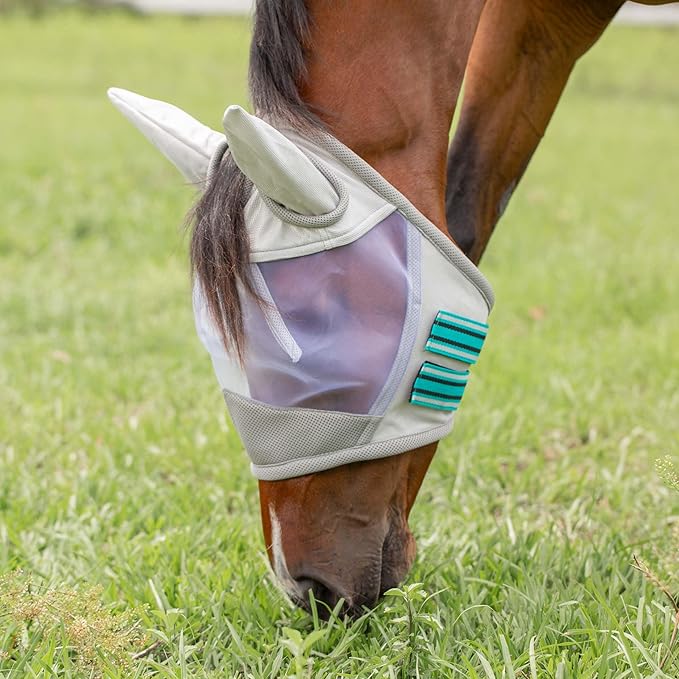 Equinavia Algard Soft Mesh Horse Fly Mask with Ear Protection and 45 UPF Rating | No Eye Irritation & UV Protection - Silver/Turquoise - Warmblood-PawvioPets