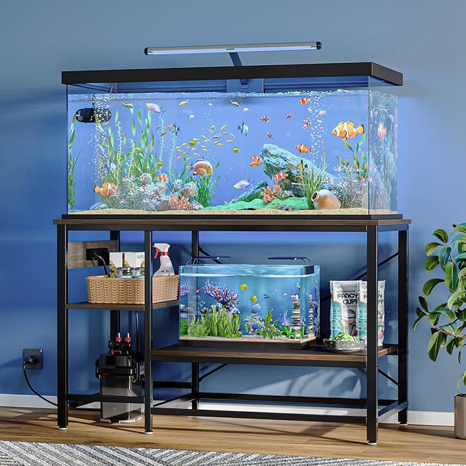 55 Gallon Fish Tank Stand with Charging Station, 49.2x13.8 Metal Aquarium Stand with 3-Tiers Adjustable Storage Shelves, 6-Legs Reptile Terrarium Stand, 700 LBs-PawvioPets