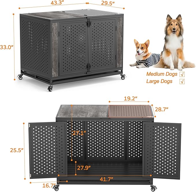 42" Heavy Duty Dog Crate Furniture for Medium and Large Dogs, Enclosed Design with 0.5 inch Holes, Indestructible Metal Kennel for High Anxiety Dogs, Chew Proof Indoor Pet House Cage, Gray-PawvioPets