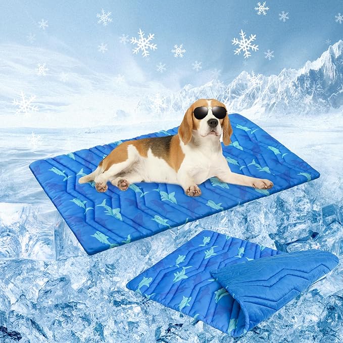 BEAUTYZOO Dog Cooling Mat- Upgraded Thicken Cooling Mat for Large Dogs Reversible(Cool & Warm) Pet Ice Cool Bed Washable & Portable, Summer Crate Pad for Big Dog Puppy Up to 44 lbs, Shark Blue 36X23IN-PawvioPets