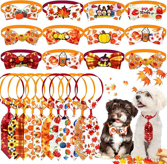 22pcs Fall Dog Bow Tie, Adjustable Bowtie Collar Attachment for Small Medium Pets, Bulk Neckties Set for Thanksgiving Day,Autumn Pet Supplies Charms Hair Costume Accessories(Maple Leaf, Pumpkin)-PawvioPets