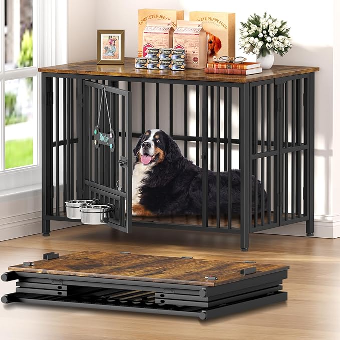 Easycom 41" Dog Crate Furniture Foldable, No Assembly Decorative Dog Kennel Indoor, Dog Crates for Large Dogs (40–65 lbs), Wooden Dog Cage with Adjustable Bowls and Name Tag, End Table, Rustic Brown-PawvioPets