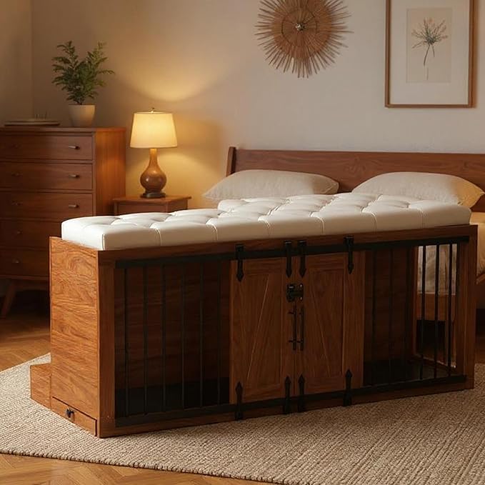 56" L Dog Crate Furniture with Padded Seat, End of Bed Bench Ottoman with Cushion, Wooden Dog Kennel with Pet Stairs & Sliding Barn Door for Bedroom, Living Room, Walnut-PawvioPets