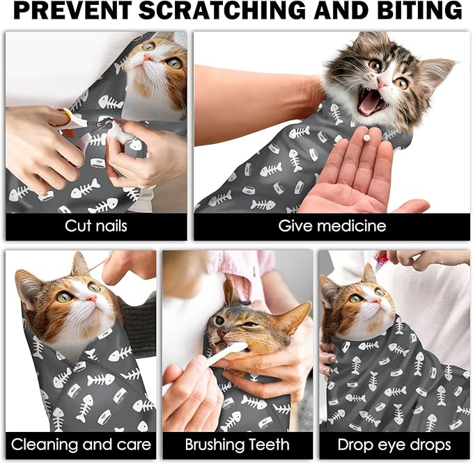 27.6" Cat Grooming Wrap, Self Adhesive Cat Wrap for Cutting Nails, Anti-Escape Calming Cat Swaddle Wrap for Medicine Ear Cleaning, Anti-Scratch Cats Burrito Restraint Blanket, Practical Pet Tool Grey-PawvioPets