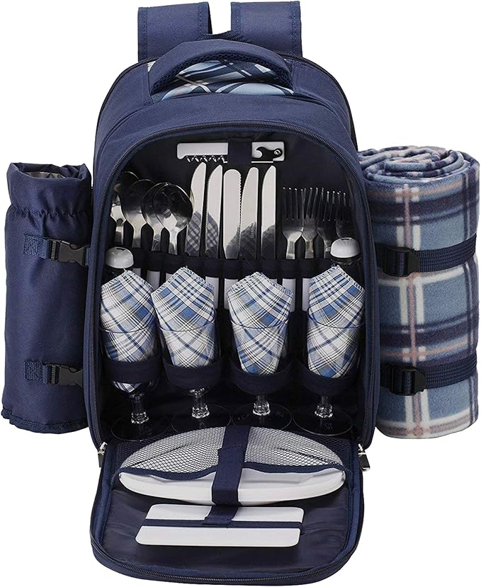 Apollo walker Picnic Backpack Set for 4 with Cooler Compartment,Detachable Bottle/Wine Holder Including Large Picnic Blanket(45"x 53") for Picnic Family and Lovers Gifts,Outdoor,BBQ Time (Blue)-PawvioPets