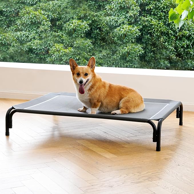 Elevated Dog Bed Raised Outdoor Dog Cot for Medium Dogs, Installation Requires No Tools, Frame with Washable Cooling Breathable Mesh Anti-Slip Feet, Indoor Pet Bed, Grey, 35.4 Inches-PawvioPets