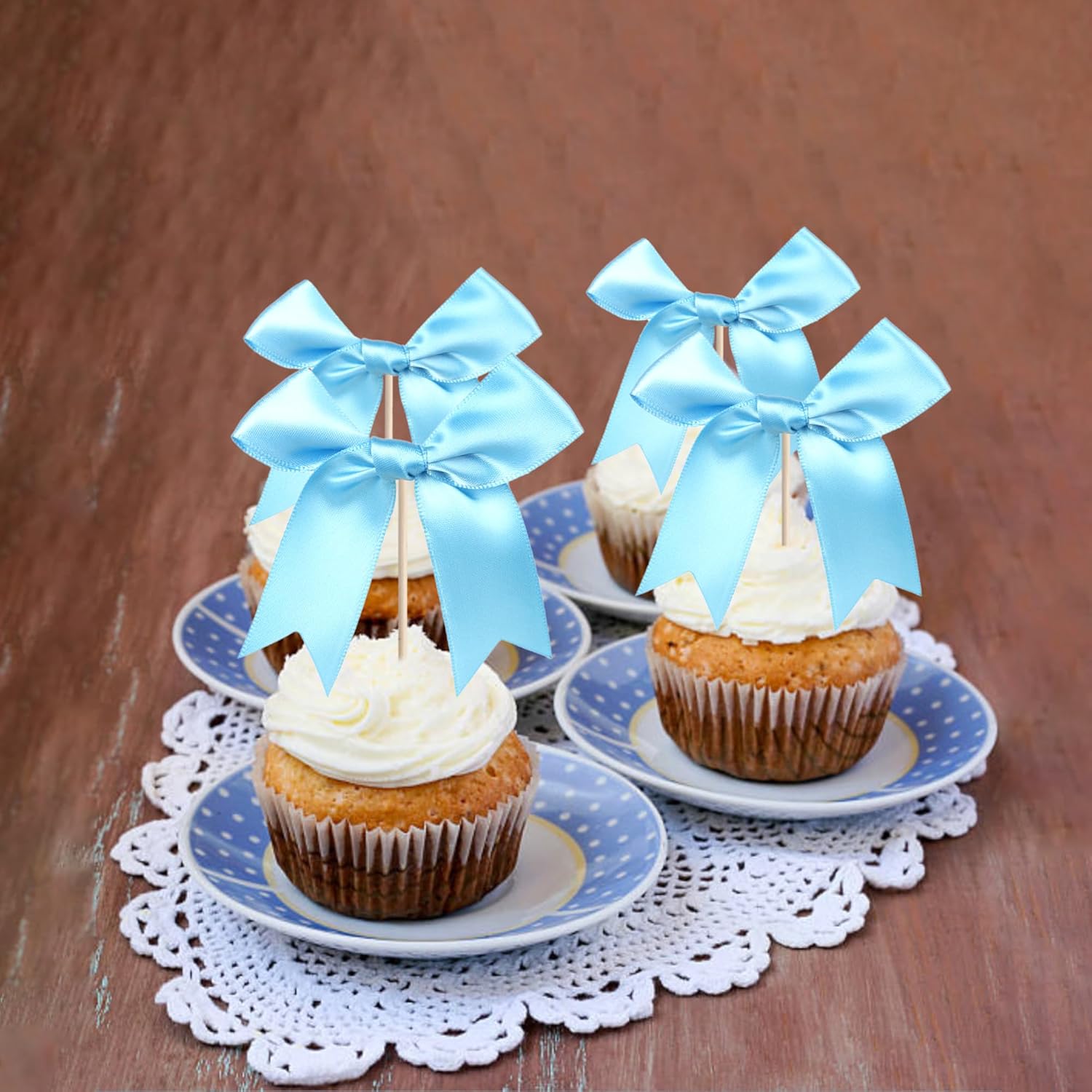 24 PCS Bow Cupcake Toppers Bowknot Cake Toppers Bow Girls Birthday Cake Decorations Bow Cake Dessert Picks Bowknot Cupcake Picks for Baby Shower Birthday Wedding Bridal Engagement Party Supplies Blue