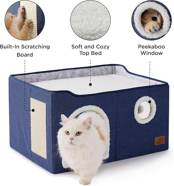 Bedsure Large Cat Beds for Indoor Cats - Extra Wide Cat Cube House for Small Pet with Fluffy Ball Hanging and Scratch Pad, Foldable Pet Cave Hideaway for Multiple Cats, 23.6x16.9x13 inches, Blue-PawvioPets
