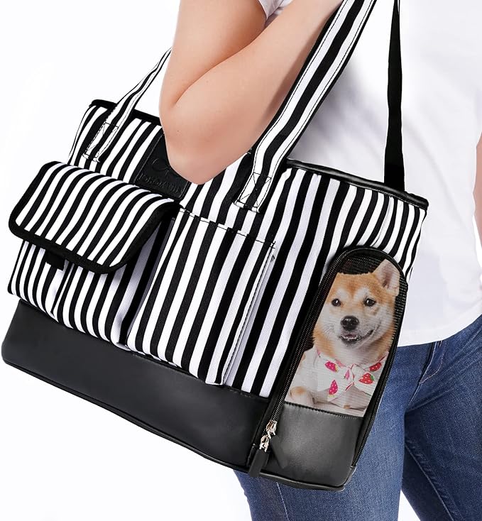 Cat Carrier, Dog Carrier, Pet Carrier, Foldable Waterproof Premium PU Leather Oxford Cloth Dog Purse, Portable Bag Carrier for Small to Medium Cat and Small Dog - Black White Stripes New-PawvioPets