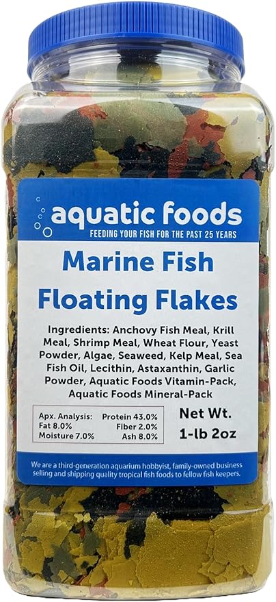 Aquatic Foods Inc. Marine Fish Flakes of Red & Green Algae, Seaweed for Tangs, Butterflies, Angelfish, Anthias, Clown Fish, Damsels Also Pellet Mix, Wafer Mix Included… AFI 1-lb 2oz-PawvioPets