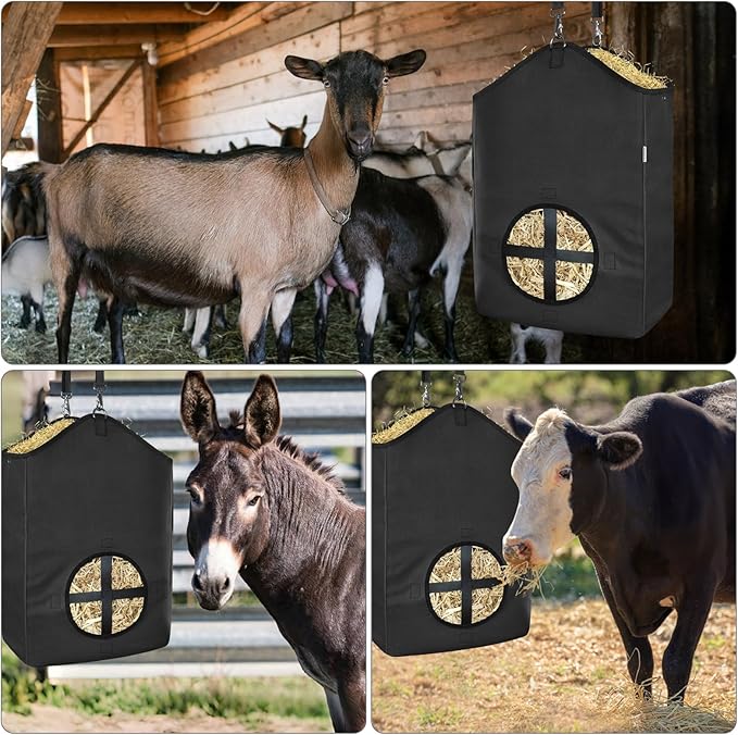 3 PCS Goat Hay Feeder,Hay Bags for Horses,Goats,Donkeys with Reinforced Oxford Fabric and High Strength Metal Clasp,Horse Feeding Supplies with Adjustable Strap for Easy Hanging (3Black)-PawvioPets