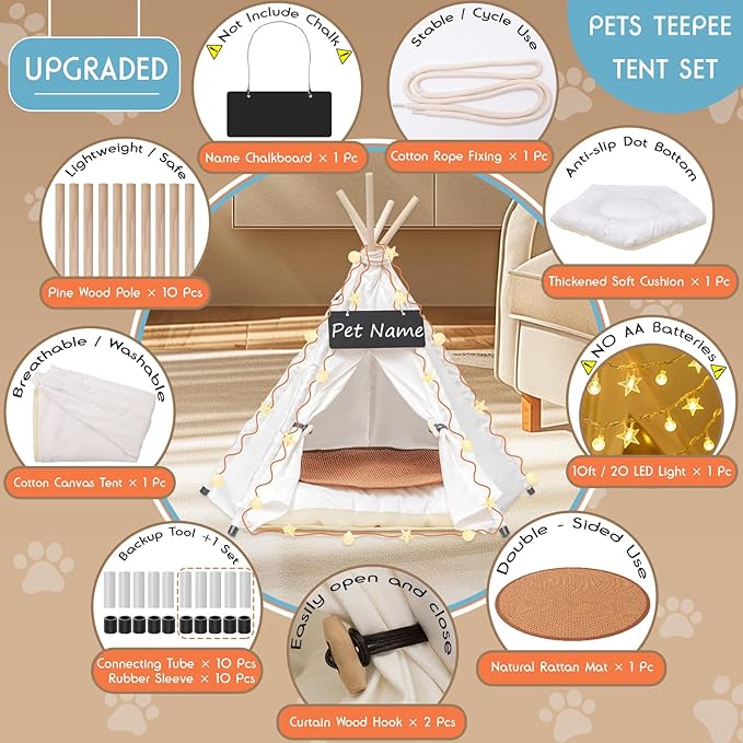 20" Dog& Cat Teepee Tent +24" Pet Cooling Mat +10ft Star String Light [2-Modes],Cotton Thicked Soft Comfort Anti-Slip Cushion (Used/Wash Separately),Medium Pets Tents House Indoor or Outdoor-PawvioPets