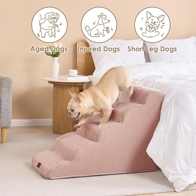 EHEYCIGA Curved Dog Stairs Ramp for High Beds 22.6" H, 5-Step Dog Steps for Small Dogs and Cats, Pet Stairs for High Bed Climbing, Non-Slip Balanced Pet Step Indoor, Dusty Pink-PawvioPets