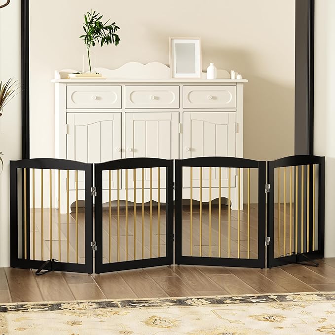 Freestanding Pet Gate for Dogs, Foldable Wooden Dog Gate for House, Indoor Dog Gate for Stairs, Doorways, Step Over Pet Puppy Safety Fence, 80 Inch Wide, 4 Panels 24", Black & Gold-PawvioPets