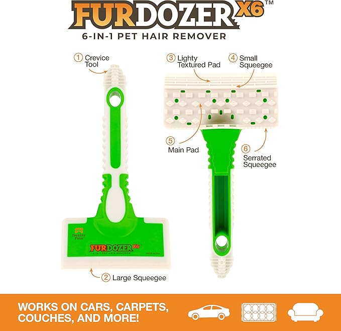 FurDozer X6 Pet Hair Remover & Auto Detailing Tool - Cat & Dog Hair Remover for Carpets, Car Interiors, Couches, Bedding, & Pet Furniture - Reusable Pet Hair Removal Tool for Fur & Lint (2-Pack)-PawvioPets