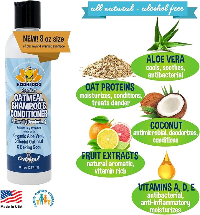 Bodhi Dog Oatmeal Shampoo & Conditioner - Hypoallergenic Formula - Naturally Deodorize Dogs, Cats & Pets - Made w/Organic Ingredients - Moisturizes Dry & Itchy Skin - Made in USA (Oatmeal, 8 Fl Oz)-PawvioPets