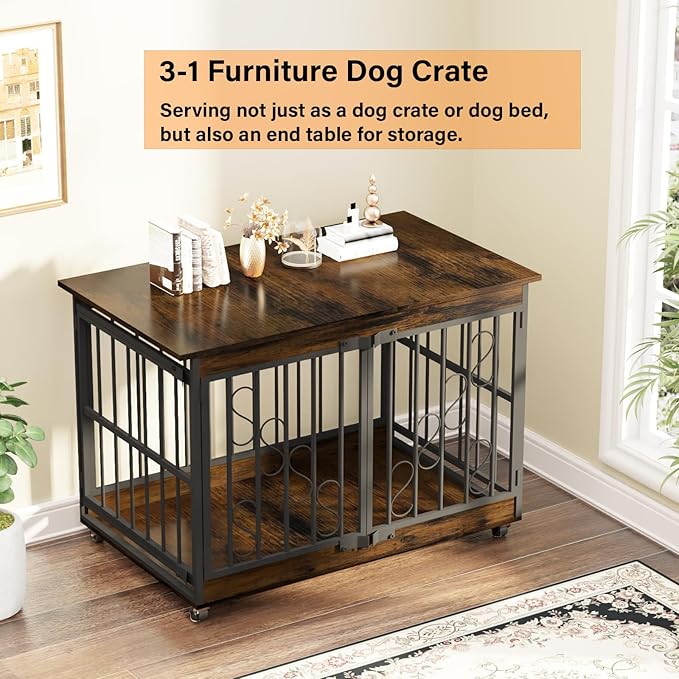 COZPAW Dog Crate Furniture, 48 Inch Dog Crates for Medium/Large Breed, Farmhouse Wood Metal Kennel Indoor Heavy Duty Pet Cage with Caster Wheels (Brown)-PawvioPets