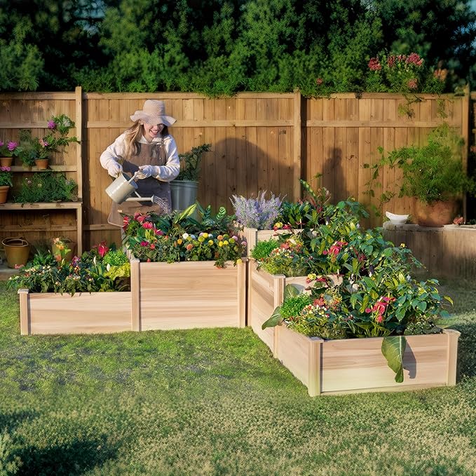 AMERLIFE 3-Tier Raised Garden Bed for Outdoor Gardening, Fir Wood Planter Box with Dividers, Tool-Free Assembly, Garden Box Perfect for Vegetables, Herbs, and Flowers-PawvioPets